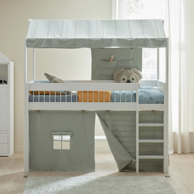 copy of Lifetime half-high bed with sloping ladder and play curtain Sage Blue, Deluxe slatted frame 90x200 white Incl. mattress