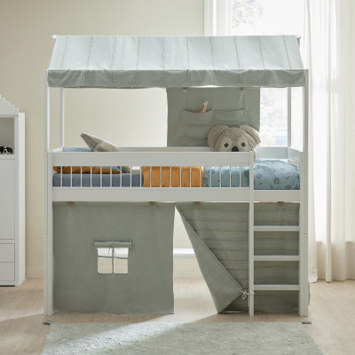 copy of Lifetime half-high bed with sloping ladder and play curtain Sage Blue, Deluxe slatted frame 90x200 white Incl. mattress