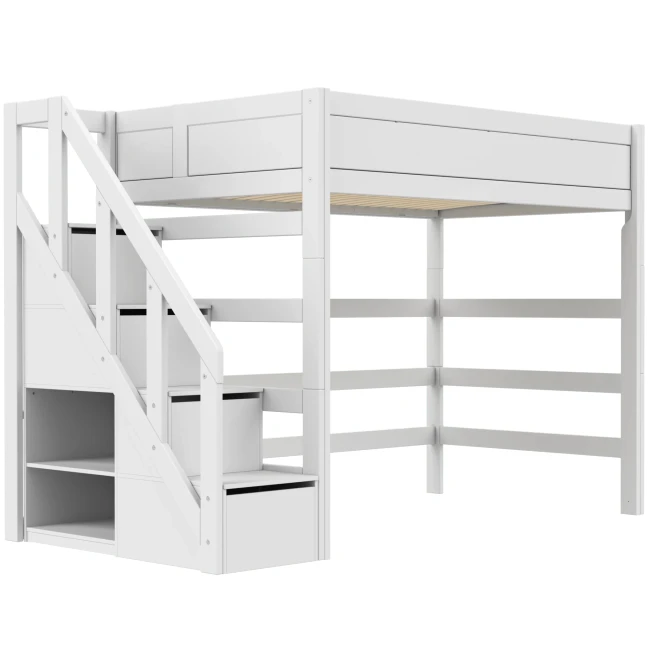 Letto a soppalco Lifetime Kidsrooms 120 cm, con scala, rete a doghe Deluxe con 28 stecche, bianco