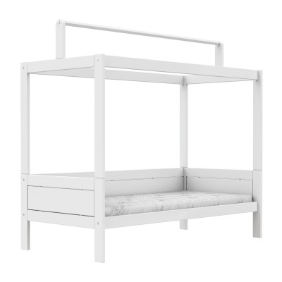 Letto a baldacchino Lifetime 90x200cm con struttura a tetto per tetto in tessuto e struttura a doghe deluxe bianca