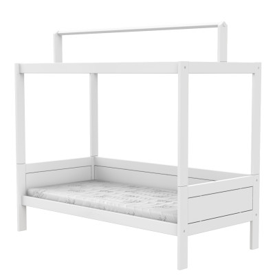 Letto a baldacchino Lifetime 90x200cm con struttura a tetto per tetto in tessuto e struttura a doghe deluxe bianca