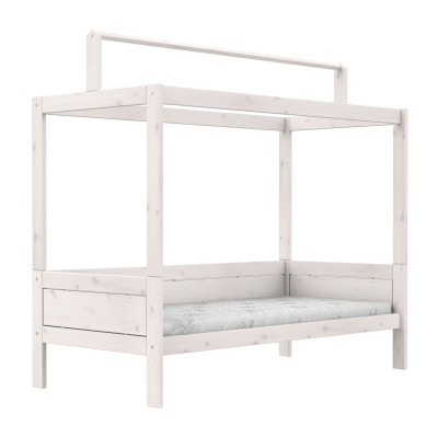 Letto a baldacchino Lifetime 90x200cm con costruzione del tetto per tetto in tessuto e cornice a doghe deluxe imbiancata