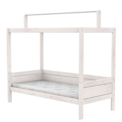 Letto a baldacchino Lifetime 90x200cm con costruzione del tetto per tetto in tessuto e cornice a doghe deluxe imbiancata