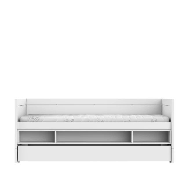 Letto a castello Lifetime 90x200 con scaffale e contenitore, rete a doghe Premium in bianco