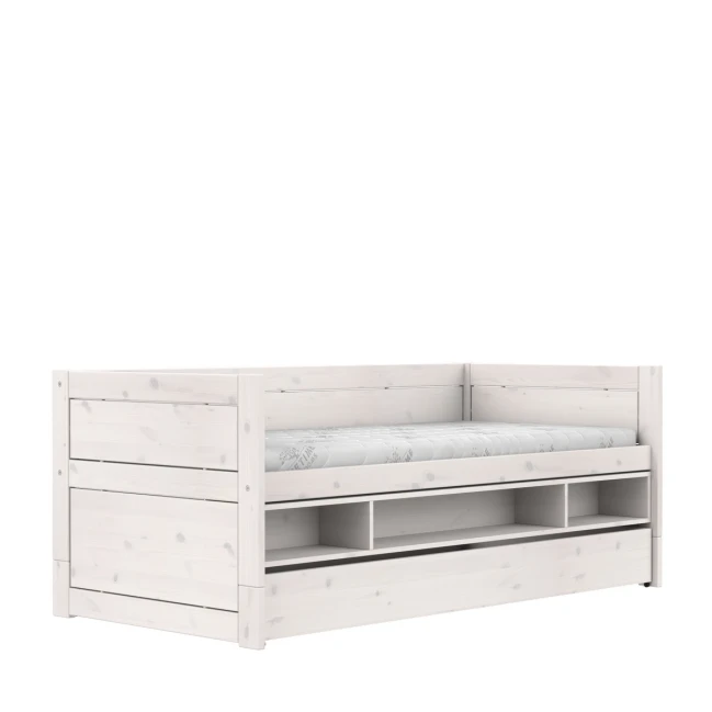 Lifetime Loft Bed 90x200 with Shelf and Storage Drawer, Deluxe Slatted Frame in Whitewash