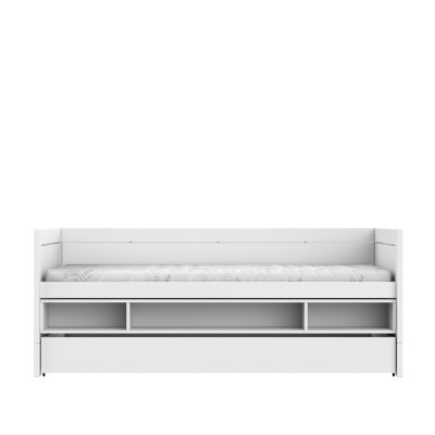Lit de couchage Lifetime 90x200 avec étagère et tiroir de rangement, sommier à lattes Deluxe en blanc