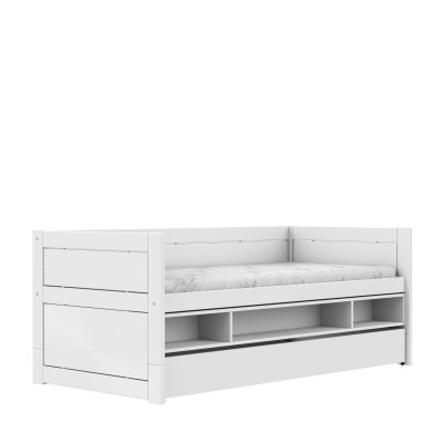 Lit de couchage Lifetime 90x200 avec étagère et tiroir de rangement, sommier à lattes Deluxe en blanc