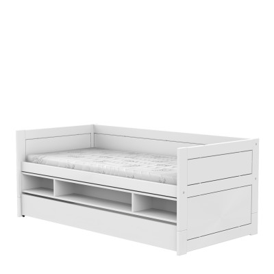 Lit de couchage Lifetime 90x200 avec étagère et tiroir de rangement, sommier à lattes Deluxe en blanc