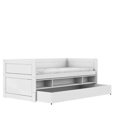 Lit de couchage Lifetime 90x200 avec étagère et tiroir de rangement, sommier à lattes Deluxe en blanc