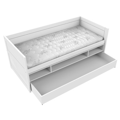 Lit de couchage Lifetime 90x200 avec étagère et tiroir de rangement, sommier à lattes Deluxe en blanc