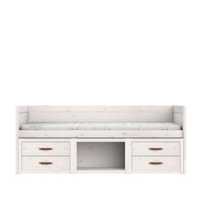 Lit mezzanine Lifetime avec étagères et tiroirs, sommier Premium whitewash