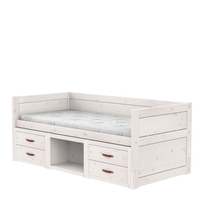 Lit mezzanine Lifetime avec étagères et tiroirs, sommier Premium whitewash
