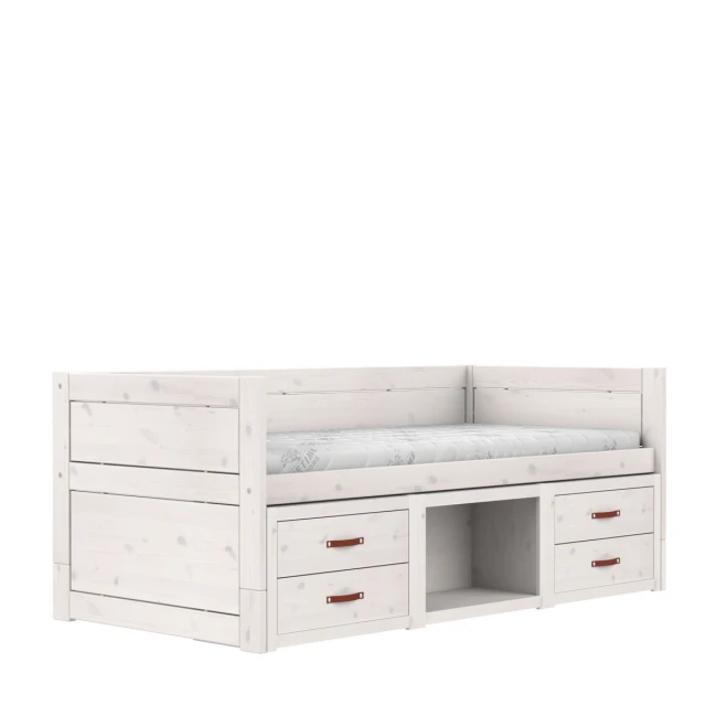 Letto a castello Lifetime con ripiani e cassetti, rete a doghe Premium whitewash