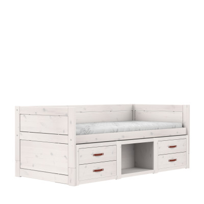 Lit mezzanine Lifetime avec étagères et tiroirs, sommier Premium whitewash