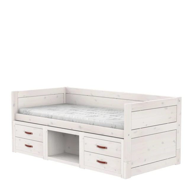 Letto a castello Lifetime con ripiani e cassetti, rete a doghe Deluxe whitewash