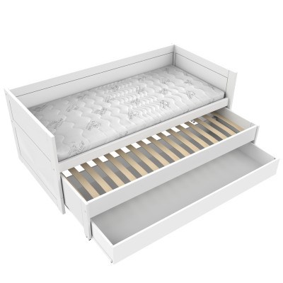 Letto a castello Lifetime 90x200 con letto per gli ospiti e cassetto, struttura a doghe deluxe in bianco