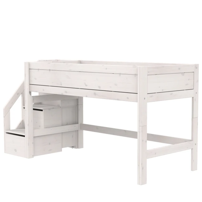 Lifetime Lit mi-hauteur mezzanine 128 x 257 x 102 cm avec escalier et sommier Luxe, whitewash