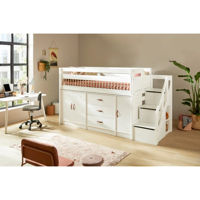 Lifetime Lit mi-hauteur All-In-One avec escalier-espace de rangement et sol roulant Premium whitewash