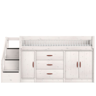 Lifetime Halbhohes Bett All-In-One mit Treppe-Stauraum und Premium Rollboden whitewash