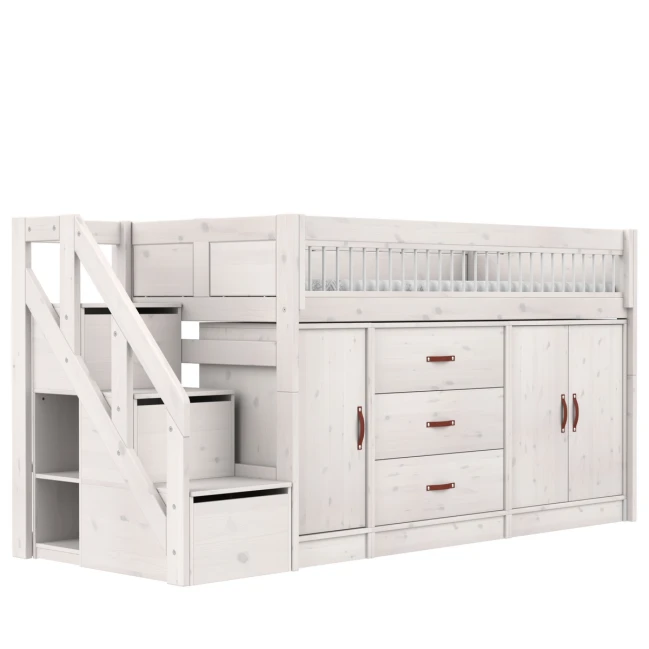Lifetime Lit mi-hauteur All-In-One avec escalier-espace de rangement et sol roulant Premium whitewash