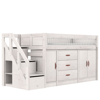 LIFETIME Mid-Sleeper Bed All-in-One with Stair Storage and Premium Slatted Base whitewash
