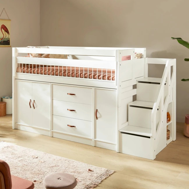 Lifetime Lit mi-hauteur All-In-One avec escalier-espace de rangement et sol roulant Premium blanc