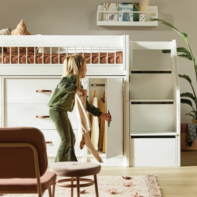 Lifetime Lit mi-hauteur All-In-One avec escalier-espace de rangement et sol roulant Premium blanc