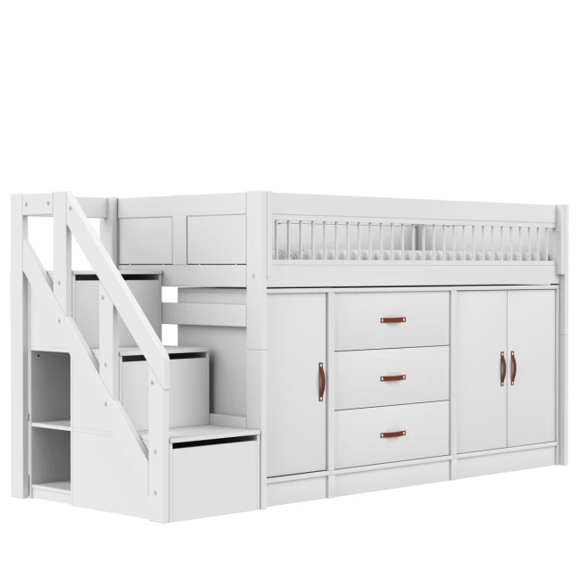 Lifetime Halbhohes Bett All-In-One mit Treppe-Stauraum und Premium Rollboden Weiss