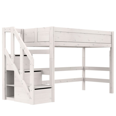 Lifetime Mittelhochbett 152 cm mit Treppe und Premium Lattenrost Whitewash