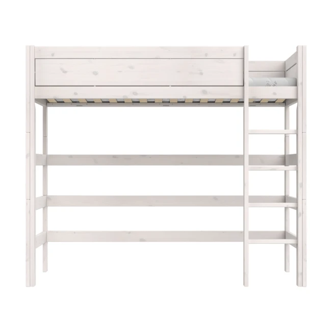 Lifetime High Bed 177 cm with straight ladder and premium slatted base, whitewash