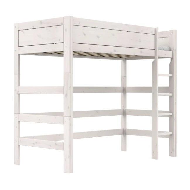 Lifetime High Bed 177 cm with straight ladder and premium slatted base, whitewash