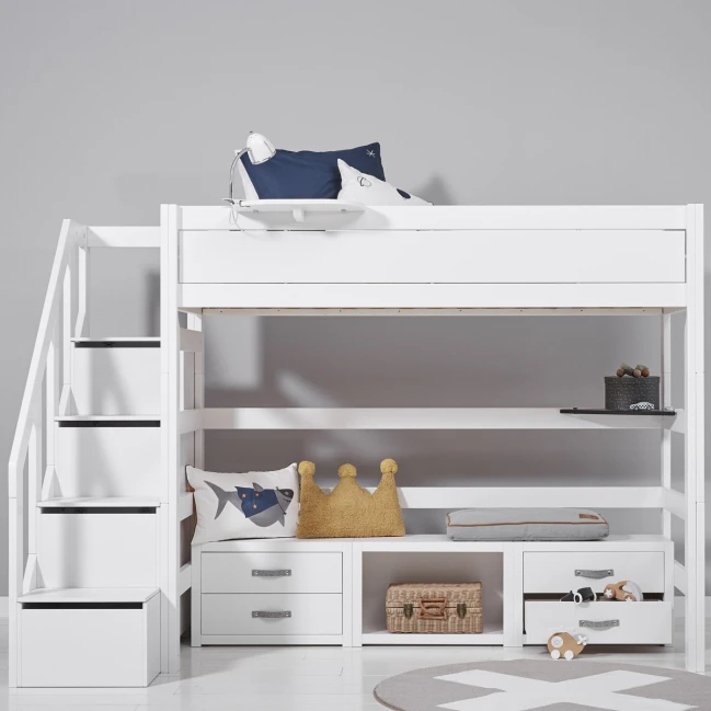 Lifetime Kidsrooms Hochbett mit Treppe und Stauraum, Premium Lattenrost Weiss