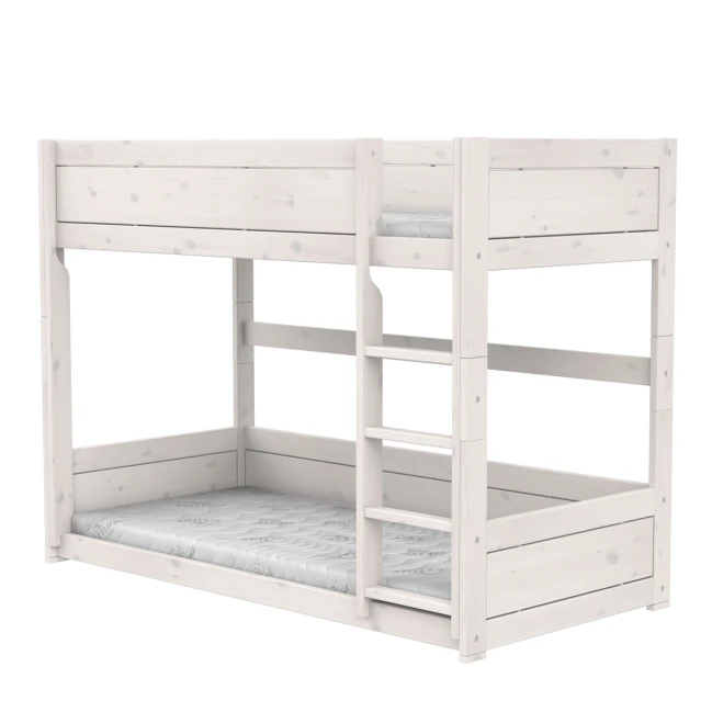 Lifetime lit superposé bas avec échelle droite 90 x 200 cm, sommier premium whitewash