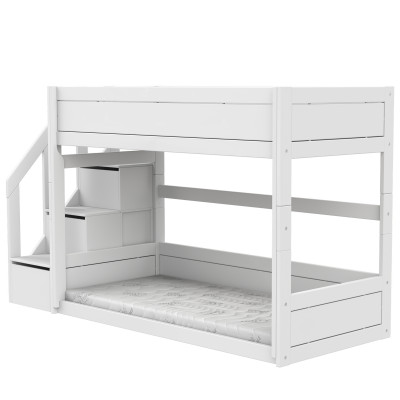 Lifetime lit superposé bas avec escabeau 90 x 200 cm, sommier premium blanc