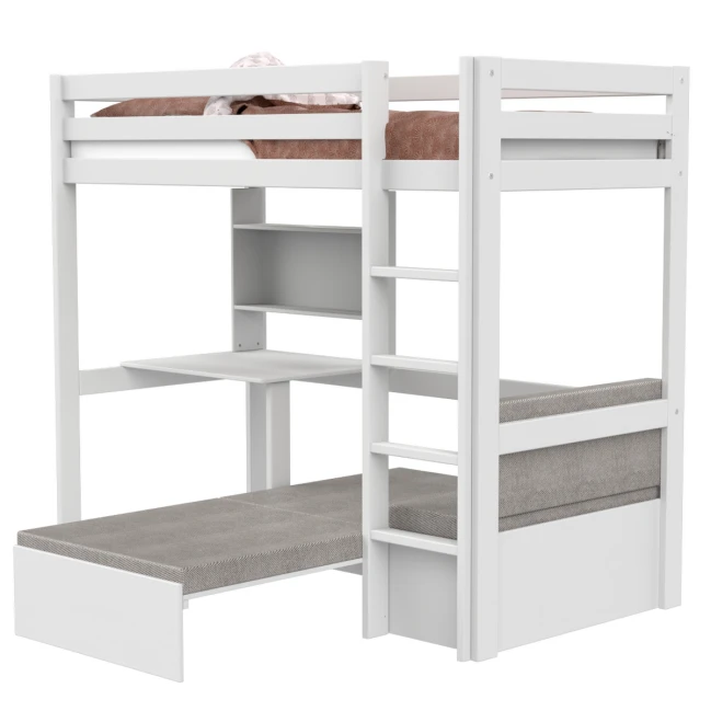 Letto a soppalco Study & Relax Lifetime Elements con scala dritta e rete a doghe standard, bianco