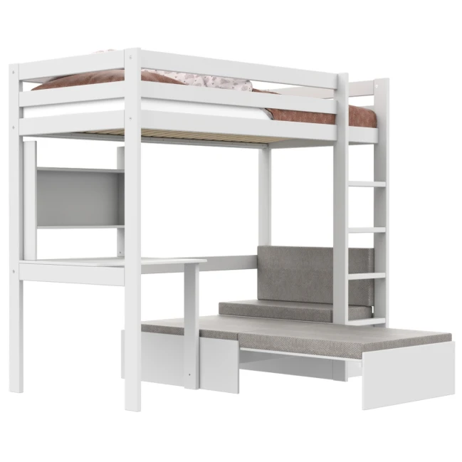 Letto a soppalco Study & Relax Lifetime Elements con scala dritta e rete a doghe standard, bianco