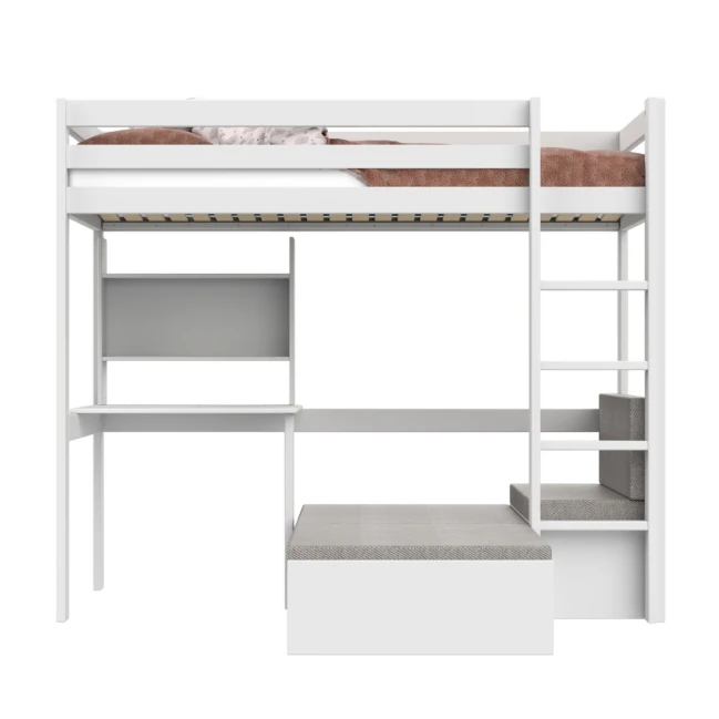Letto a soppalco Study & Relax Lifetime Elements con scala dritta e rete a doghe standard, bianco