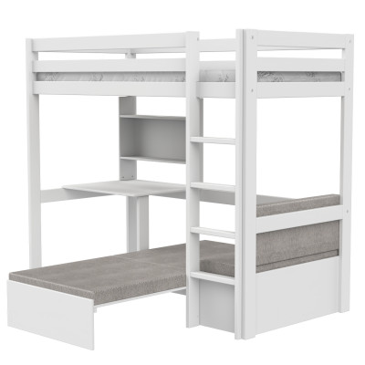 Letto a soppalco Study & Relax Lifetime Elements con scala dritta e rete a doghe standard, bianco