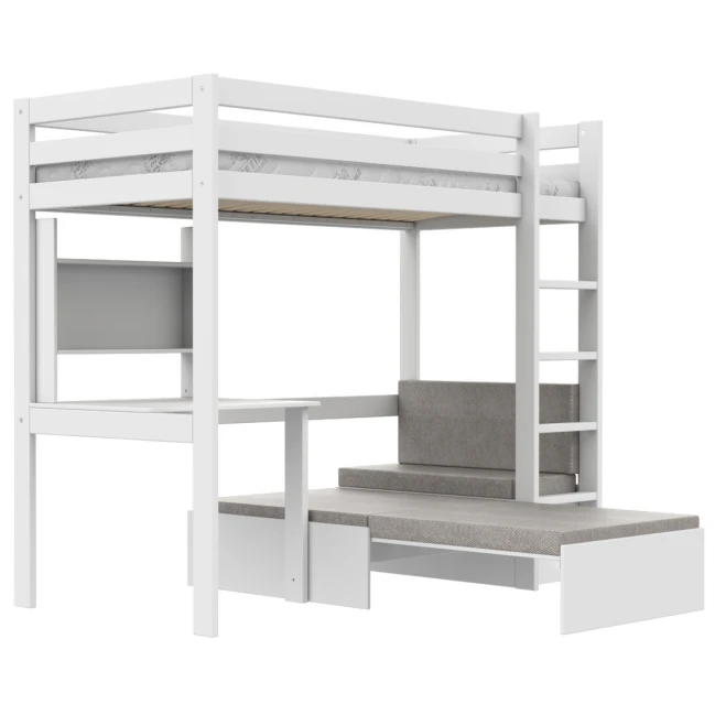 Letto a soppalco Study & Relax Lifetime Elements con scala dritta e rete a doghe standard, bianco