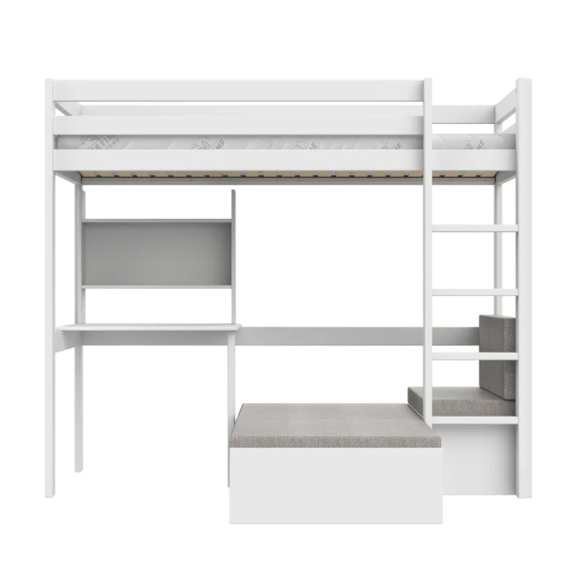Letto a soppalco Study & Relax Lifetime Elements con scala dritta e rete a doghe standard, bianco