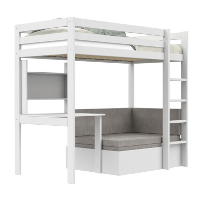 Letto a soppalco Study & Relax Lifetime Elements con scala dritta e rete a doghe standard, bianco