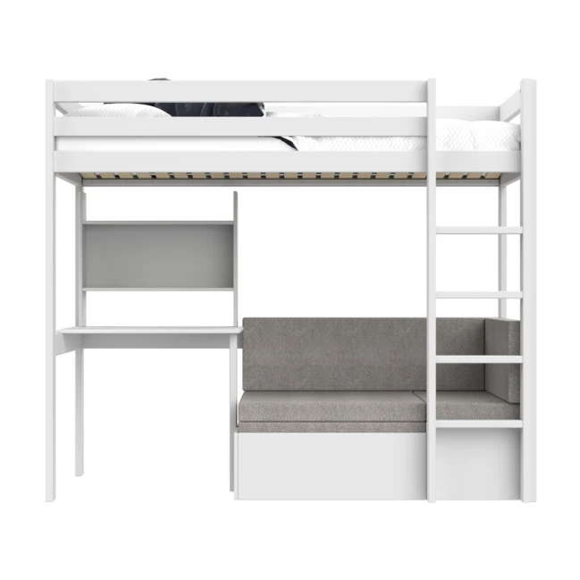 Letto a soppalco Study & Relax Lifetime Elements con scala dritta e rete a doghe standard, bianco