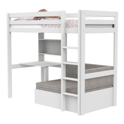 Letto a soppalco Study & Relax Lifetime Elements con scala dritta e rete a doghe standard, bianco