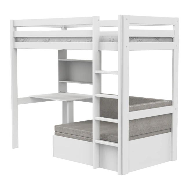 Letto a soppalco Study & Relax Lifetime Elements con scala dritta e rete a doghe standard, bianco