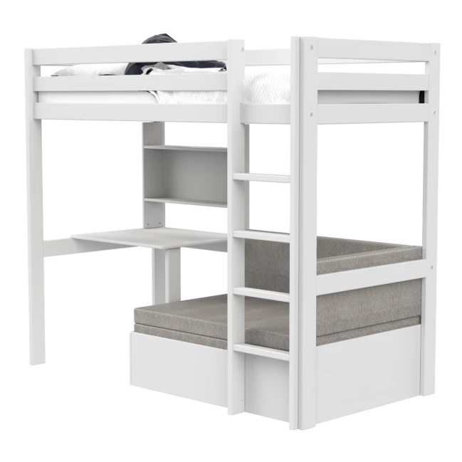 Letto a soppalco Study & Relax Lifetime Elements con scala dritta e rete a doghe standard, bianco