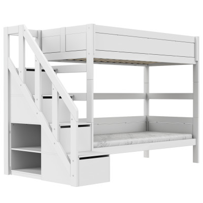 Lifetime Lit superposé 90/90x200 avec escalier step et sommier, blanc