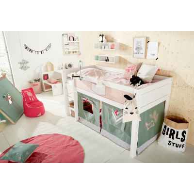 Camera per bambini Lifetime WILD CHILD, mezzo letto a castello 90x200 con scala e tenda bianca