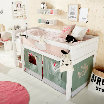 Chambre d’enfant Lifetime WILD CHILD, demi-lit superposé 90x200 avec échelle et rideau blanc