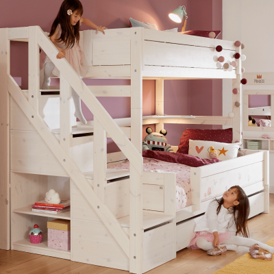 Lifetime Lit superposé Famille 90/120 avec escalier step et sommier Luxe, whitewash