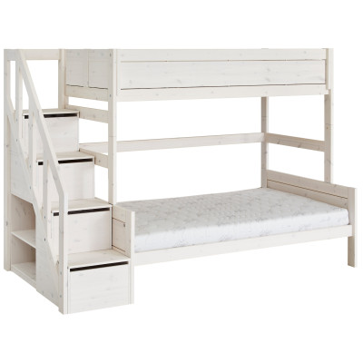 Lifetime Lit superposé Famille 90/120 avec escalier step et sommier Luxe, whitewash